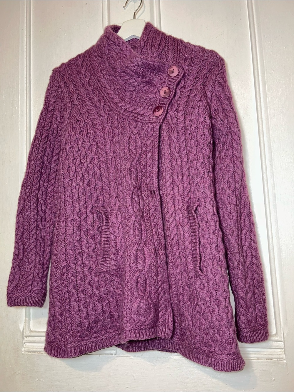 Aran Crafts Merino Wool Purple Button Shawl Collar Cable Knit Cardigan Sweater